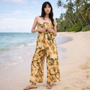 Girl and the Sun Strapless Tropical Wide Leg Jumpsuit Resort Vacation Boho SZ M